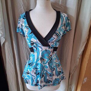 volume one y2k Blue and black floral print peplum top with black ribbon detail